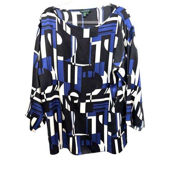 LAUREN RALPH LAUREN Size 1X 100% Silk Geometric Print‎ Tunic Top Flare Sleeves - Picture 1 of 5